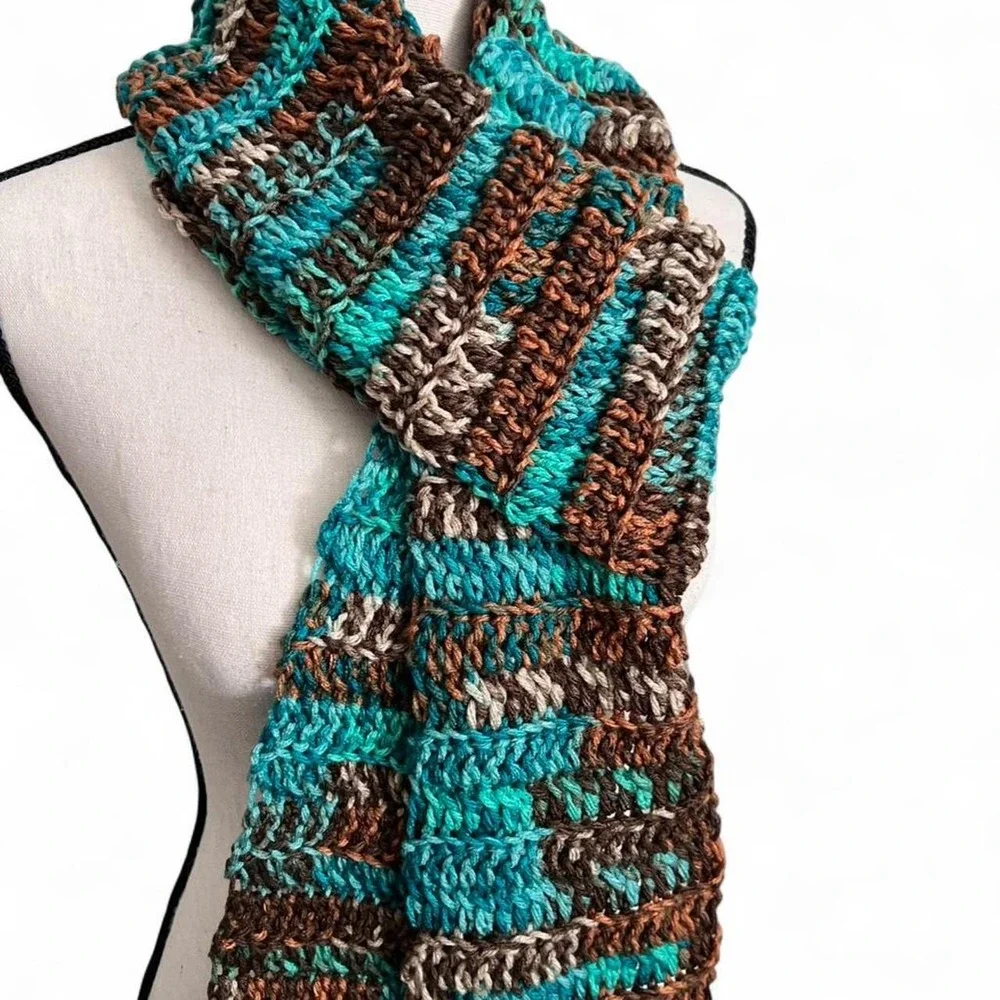 Handmade Women's Crochet Scarf Brown and Teal New Acrylic Warm Cozy Winter